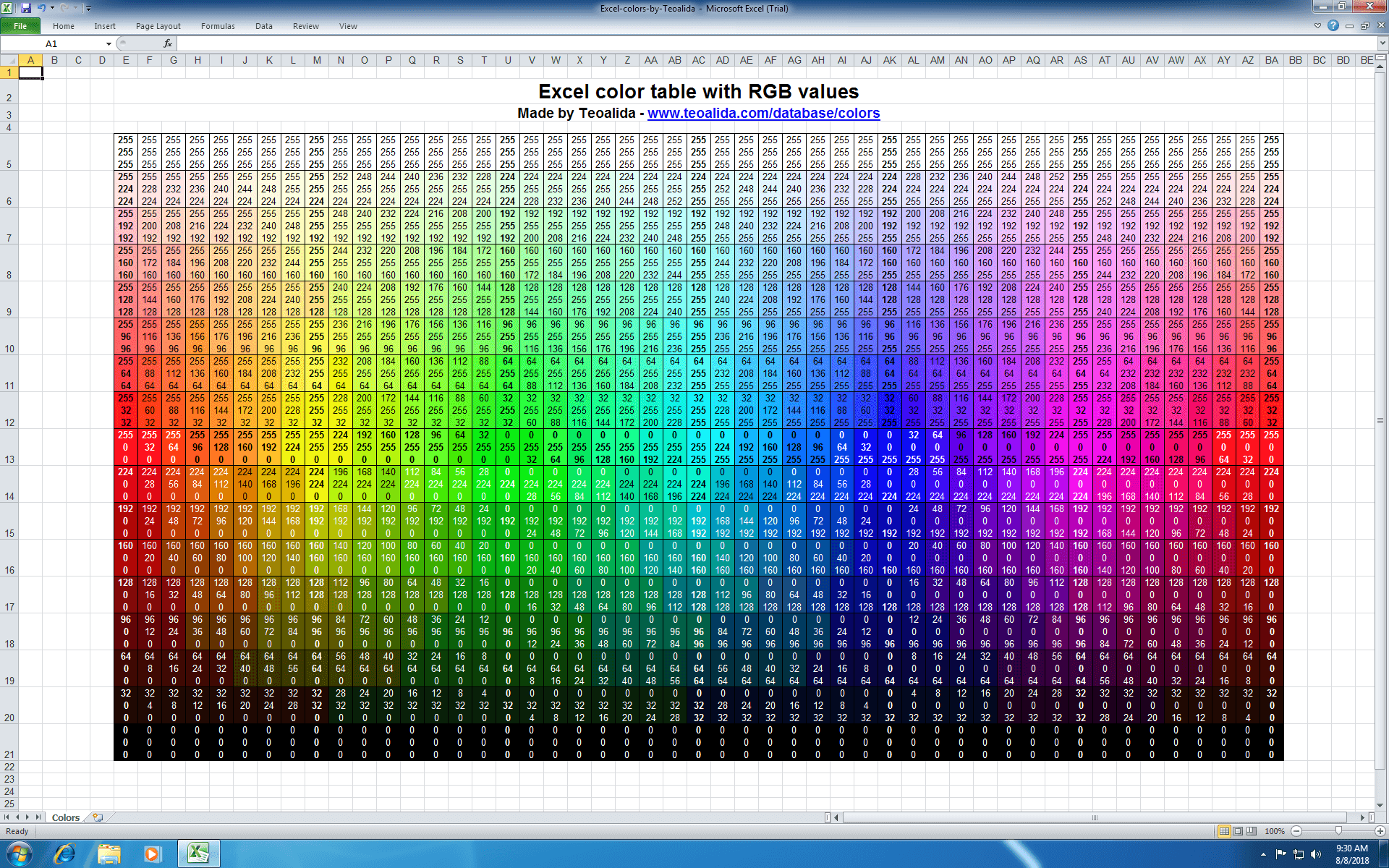 Excel Color Table With RGB Values The World Of Teoalida